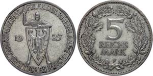 Coins Weimar Republic 5 Reichmark, 1925, F, ... 
