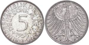 Münzen Bund ab 1946 5 Mark, 1958, J, kl. ... 