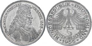Federal coins after 1946 5 Mark, 1955, ... 