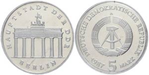 Münzen DDR 5 Mark, 1987, Brandenburger Tor, ... 