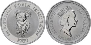 Australien 100 Dollars, Platin, 1989, Koala, ... 