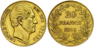 Belgium 20 Franc, Gold, 1865, Leopold I., ... 