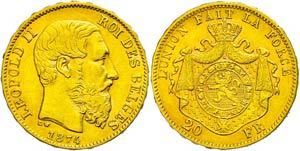 Belgien 20 Francs, Gold, 1874, Leopold II., ... 