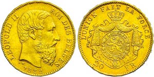 Belgien 20 Francs, Gold, 1882, Leopold II., ... 