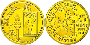 Belgium 25 Euro, Gold, 2008, XXIX. Sommer ... 