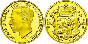 Luxemburg 20 Francs, Gold, 1989, Jean, 150 ... 