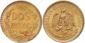 Mexiko 2 Pesos, Gold, 1945, vz-st.  vz-st