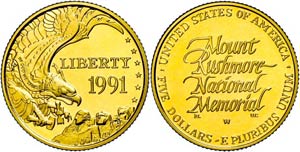 USA 5 Dollars, Gold, 1991, Mount Rushmore, ... 