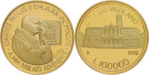 Vatican 100 000 liras, Gold, 1998, Basilica ... 