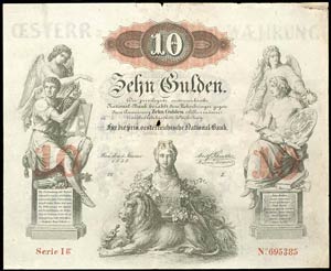 Bills Austria, 10 Guilder, 1858, small ... 