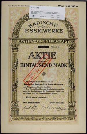 Aktien Kehl 1922, Badische Essigwerke AG, ... 