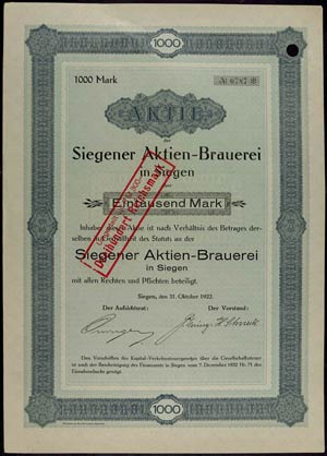 Stocks Siegen 1922, Siegener shares Brewery, ... 