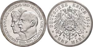 Anhalt 5 Mark, 1914, Friedrich II., auf die ... 