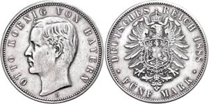 Bayern 5 Mark, 1888, Otto, kl. Rf., ss-vz., ... 
