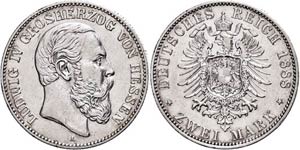 Hessen 2 Mark, 1888, Ludwig IV., kl. Rf., ... 