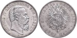 Hesse 5 Mark, 1888, Ludwig IV., small edge ... 