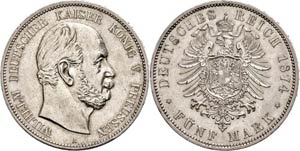 Preußen 5 Mark, 1874, Wilhelm I., kl. Rf., ... 