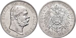 Saxony-Altenburg 5 Mark, 1901, Ernst I., AKS ... 