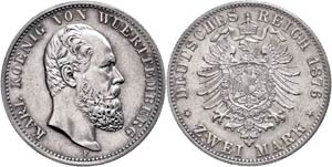 Württemberg 2 Mark, 1876, Karl, vz., ... 