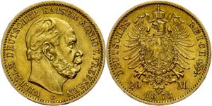 Prussia 20 Mark, 1873, Wilhelm I., Mzz B, ... 