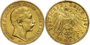 Preußen 20 Mark, 1891, Wilhelm II., ss., ... 