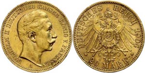 Prussia 20 Mark, 1904, Wilhelm II., very ... 