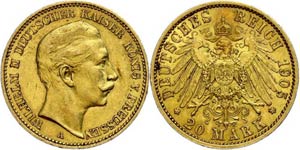 Prussia 20 Mark, 1905, Wilhelm II., Mzz A, ... 