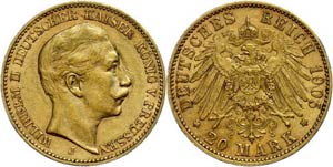Prussia 20 Mark, 1905, Wilhelm II., Mzz J, ... 