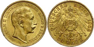 Prussia 20 Mark, 1908, Wilhelm II., very ... 