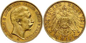 Prussia 20 Mark, 1911, Wilhelm II., very ... 