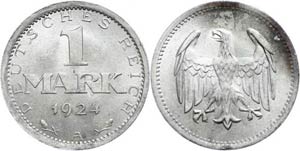 Coins Weimar Republic 1 Mark, 1924 A, tiny ... 