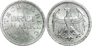Münzen Weimar 3 Mark, 1924 A, Rf., ... 