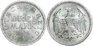Münzen Weimar 3 Mark, 1924 A, Rf., ... 