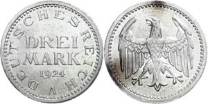 Coins Weimar Republic 3 Mark, 1924 A, tiny ... 