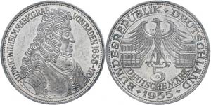 Münzen Bund ab 1946 5 Mark, 1955, Markgraf ... 