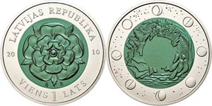 Latvia 1 Lats, 2010, heraldic rose - green ... 