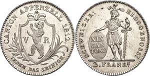 Switzerland Appenzell, 2 Franc, 1812, HMZ ... 