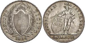 Schweiz Tessin, 4 Franken, 1814, ohne Stern, ... 