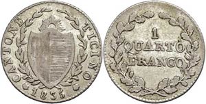 Switzerland Ticino, + Franc, 1835, HMZ ... 