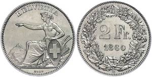 Schweiz 2 Franken, 1860, Eidgenossenschaft, ... 