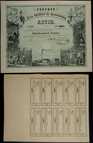 Stocks Fürth 1858, shares society for gas ... 