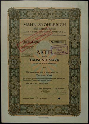 Aktien Rostock 1920, Mahn & Ohlerich ... 