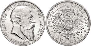 Baden 5 Mark, 1907, Friedrich I., on his ... 