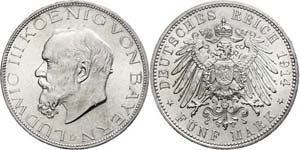 Bavaria 5 Mark, 1914, Ludwig III., extremly ... 
