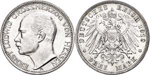 Hesse 3 Mark, 1910, Ernst Ludwig, watermark. ... 