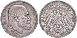 Württemberg 3 Mark, 1916, Wilhelm II., to ... 