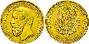 Baden 10 Mark, 1876, Friedrich I., small ... 
