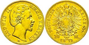 Bayern 10 Mark, 1872, Ludwig II., wz. Rf., ... 