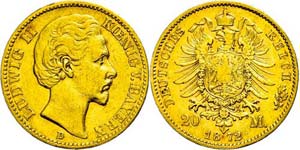 Bavaria 20 Mark, 1872, Ludwig II., s very ... 