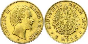 Bavaria 5 Mark, 1877, Ludwig II., s very ... 